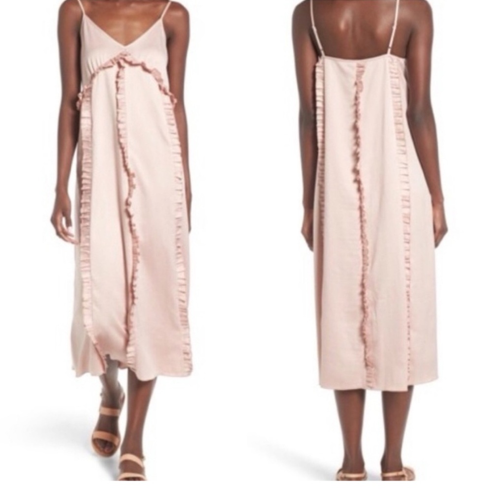 Hinge Blush Pink Ruffle Midi Satin Slip Dress XS Romantic